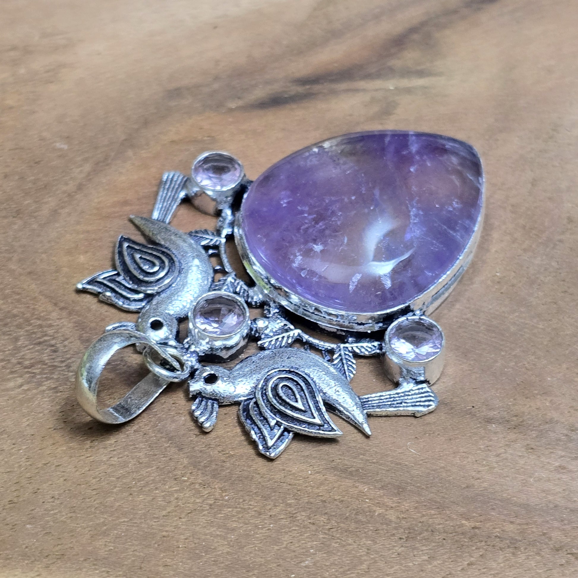 .925 Sterling Silber Anhänger, 2 Täubchen mit Amethyst und Kunzit