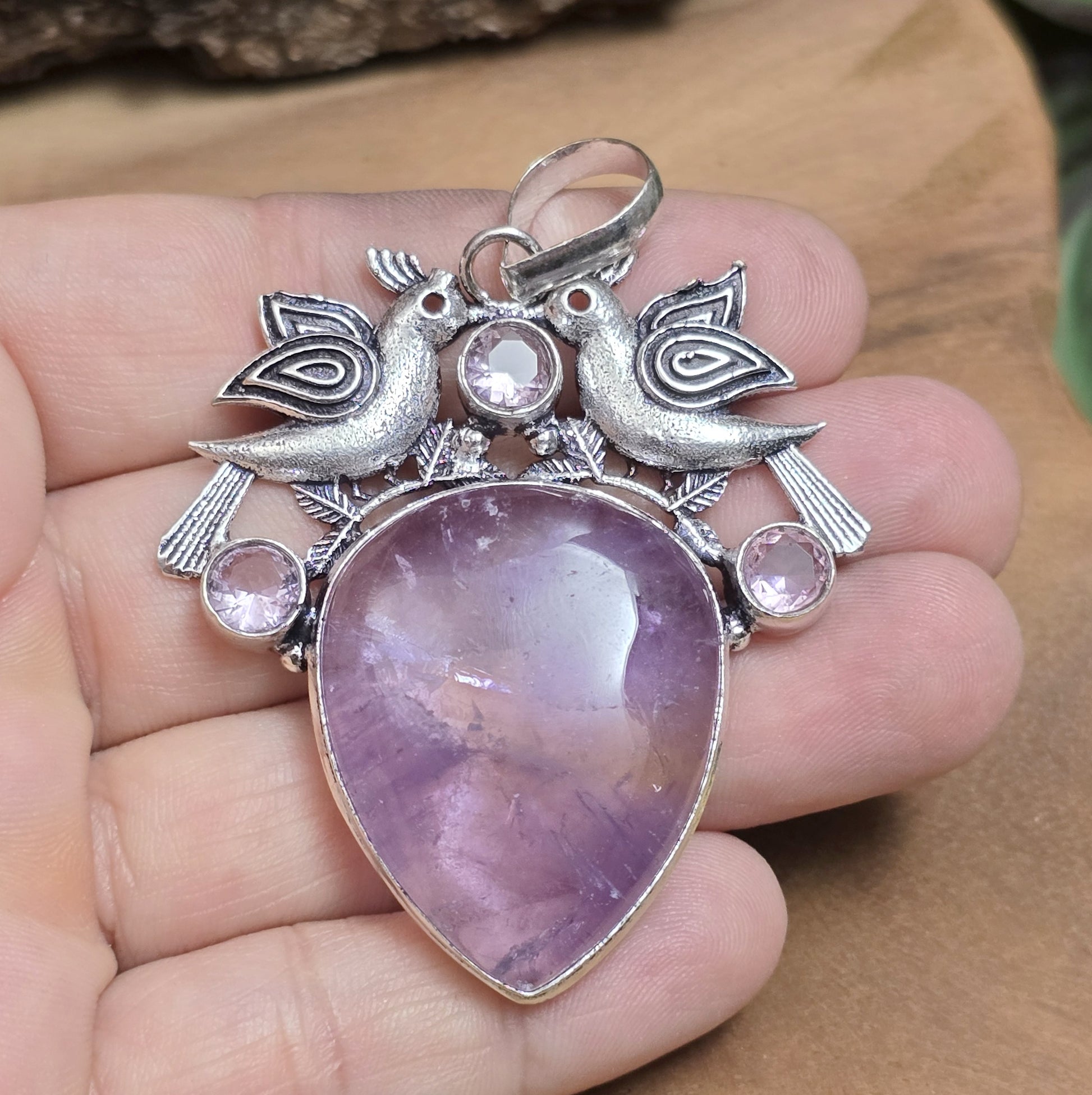 .925 Sterling Silber Anhänger, 2 Täubchen mit Amethyst und Kunzit