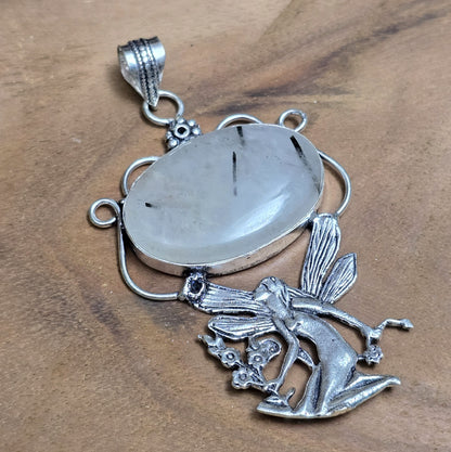 .925 Sterling Silber Anhänger, Elfe mit großem Rutilquarz