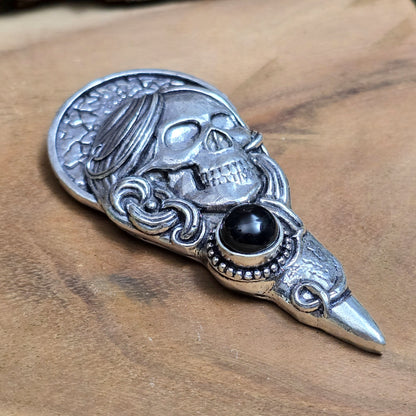 .925 Sterling Silber Anhänger, Santa Muerta, Totenkopf mit rundem schwarzem Onyx