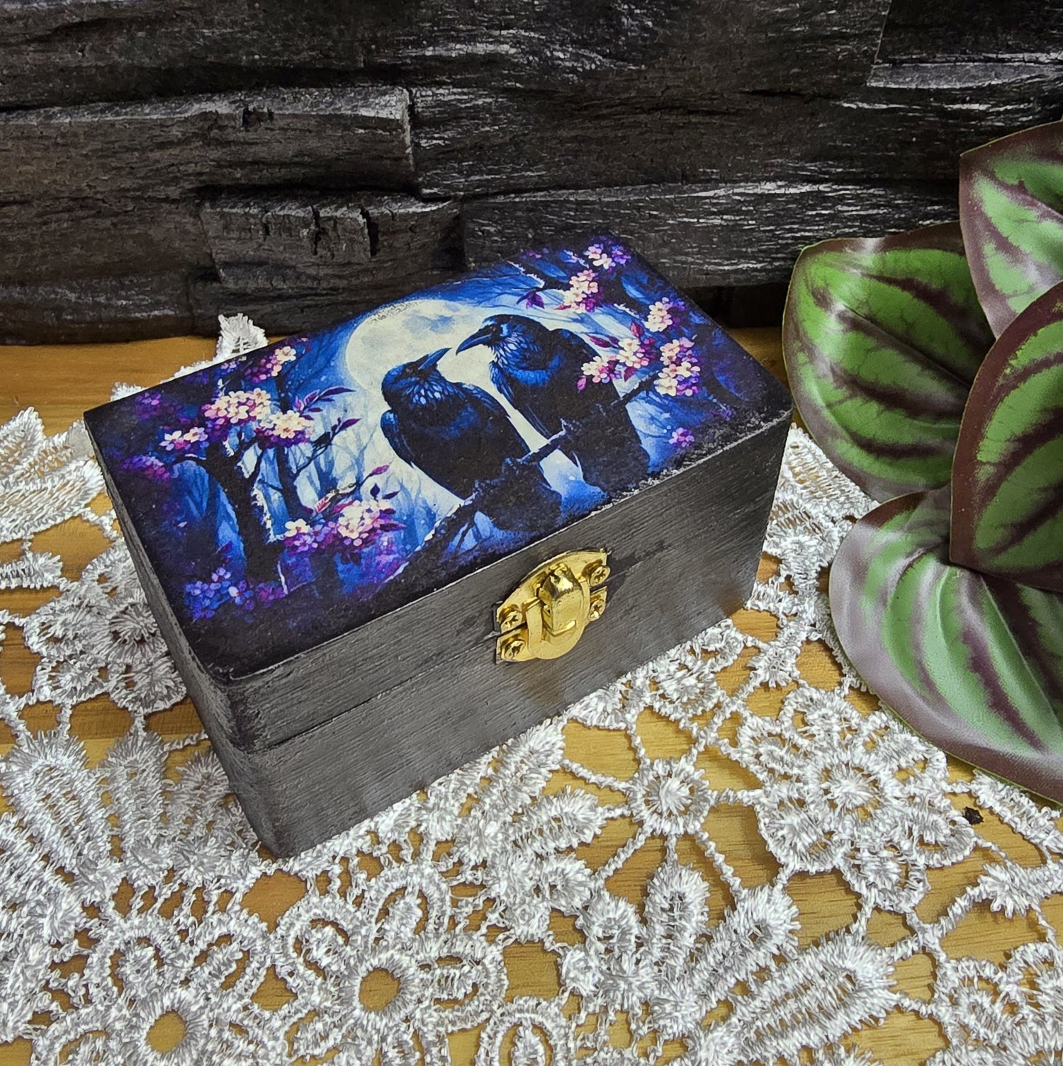 Schmuckkästchen, zwei Krähen, Schmuckschatulle, Tarot Kartenbox aus Holz, für Fantasy Fairycore, Hexen Wohndekor, Geschenk