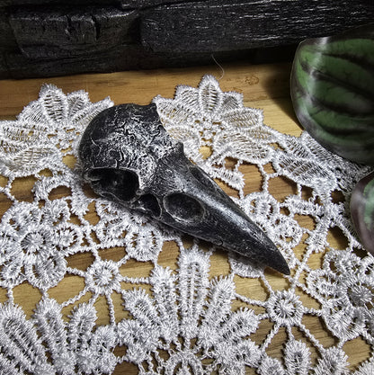 Das Bild zeigt einen Krähenschädel Dekofigur schwarz/silber, 10 cm, aus Kunststein, Hexenaltar, Altarschmuck, gotisches Wohndekor, Rabenschädel

Dieser mystische Krähenschädel aus Kunststein ist ein faszinierendes Schmuckstück für jedes gotische Wohndekor und ein kraftvolles Element für Ihren Hexenaltar. 