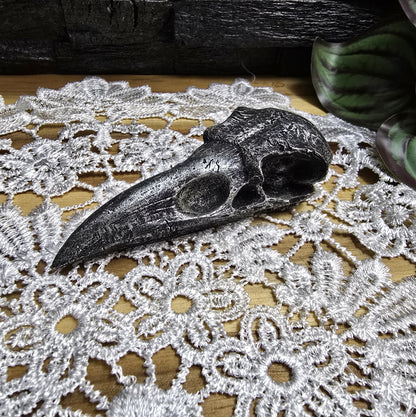 Das Bild zeigt einen Krähenschädel Dekofigur schwarz/silber, 10 cm, aus Kunststein, Hexenaltar, Altarschmuck, gotisches Wohndekor, Rabenschädel

Dieser mystische Krähenschädel aus Kunststein ist ein faszinierendes Schmuckstück für jedes gotische Wohndekor und ein kraftvolles Element für Ihren Hexenaltar. 