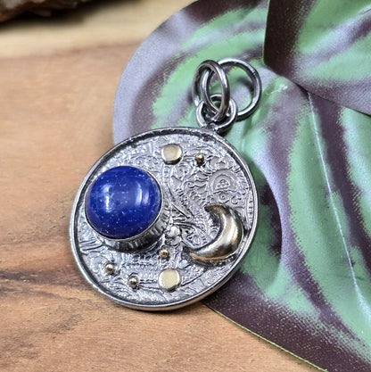 .925 Sterling Silber Anhänger, Sonne, Mond und Sterne mit Lapislazuli