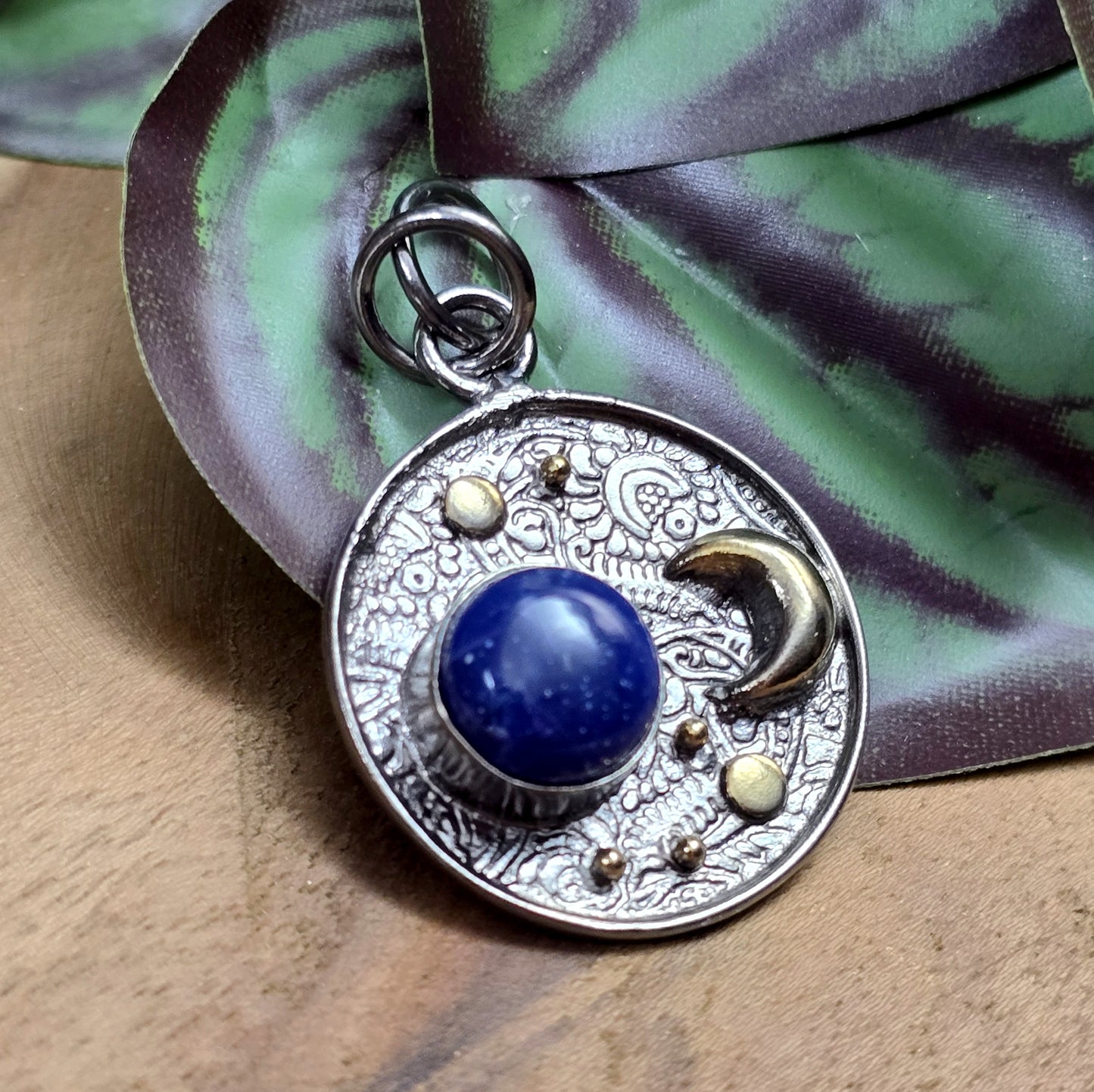 .925 Sterling Silber Anhänger, Sonne, Mond und Sterne mit Lapislazuli