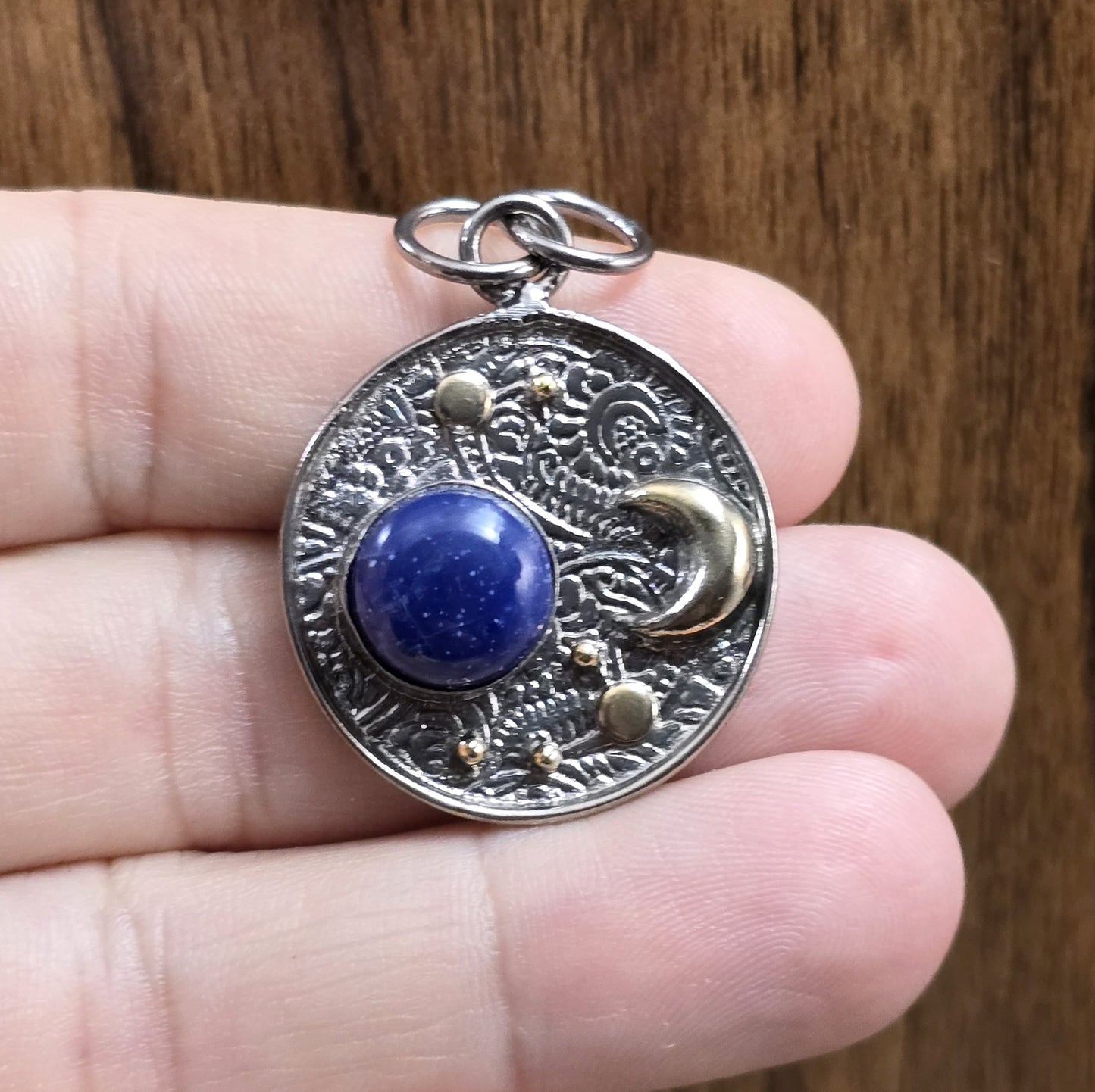 .925 Sterling Silber Anhänger, Sonne, Mond und Sterne mit Lapislazuli