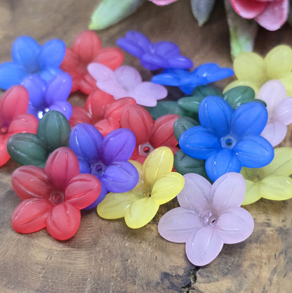 Ein Set aus 30 dekorativen Blumenperlen aus Acryl im bunten Farbmix. Die Perlen sind 2,2 cm groß und mit 5 stilisierten Blütenblättern gestaltet. Dank des zentralen Lochs lassen sich die Perlen mühelos auffädeln und vielseitig verwenden.