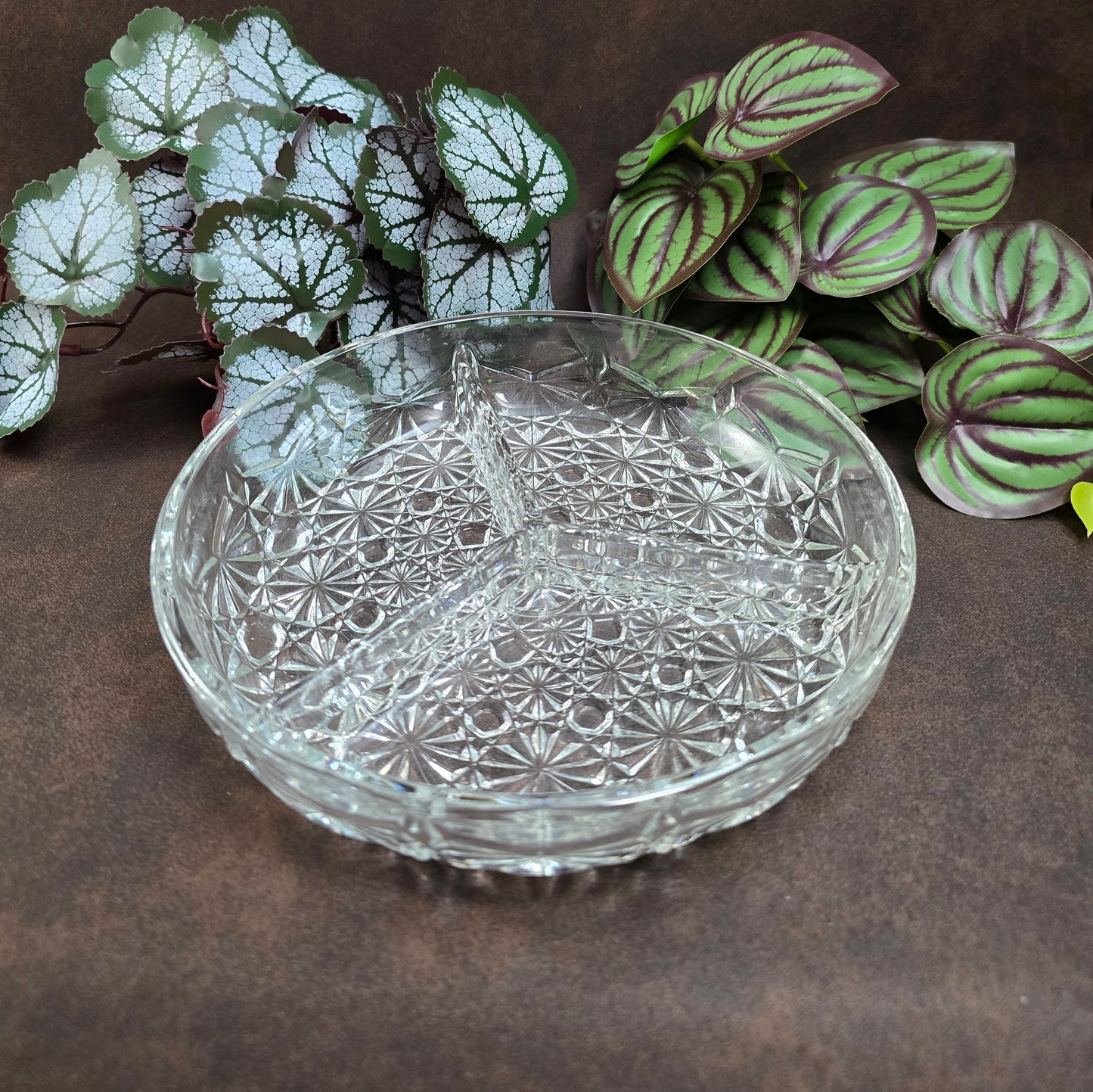 Vintage Kristallschale 1980er – Luxhem de Veropa Daisy Button – 3-geteilte Retro Servierschale aus Glas