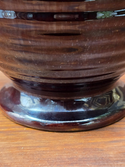 Vintage Jasba Vase aus glasiertem Steinzeug in Braun-Beige mit Laufglasur und zwei Henkeln, 15 cm hoch, dekorativ für Zweige und Trockenblumen.