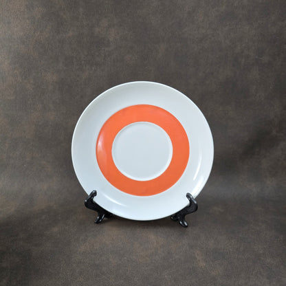 Zweier-Set Thomas Lanzette Saucieren aus den 1970ern mit Untertellern und kräftigem Pop-Art-Dekor in Orange.