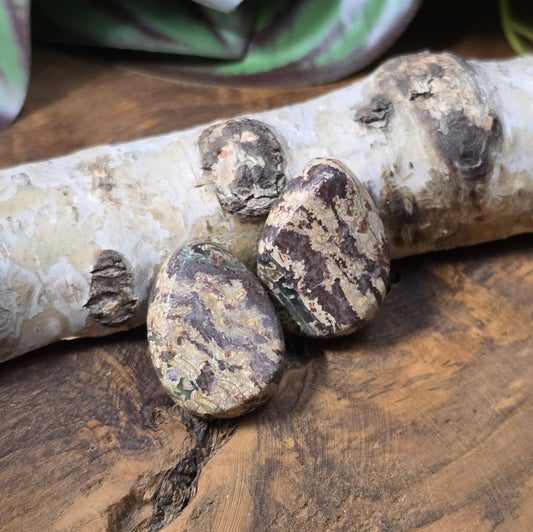 2 Augenjaspis-Perlen in Tropfenform, stabilisiert & poliert. Perfekt für Schmuckherstellung – ideal als Anhänger oder für Ohrringe. Unikate mit faszinierenden Mustern.