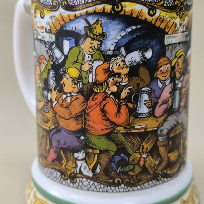 BMF Bierseidel aus weißem Glas mit farbigem Wirtshausmotiv und Zinndeckel, Vintage 1970er/80er