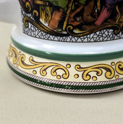 BMF Bierseidel aus weißem Glas mit farbigem Wirtshausmotiv und Zinndeckel, Vintage 1970er/80er