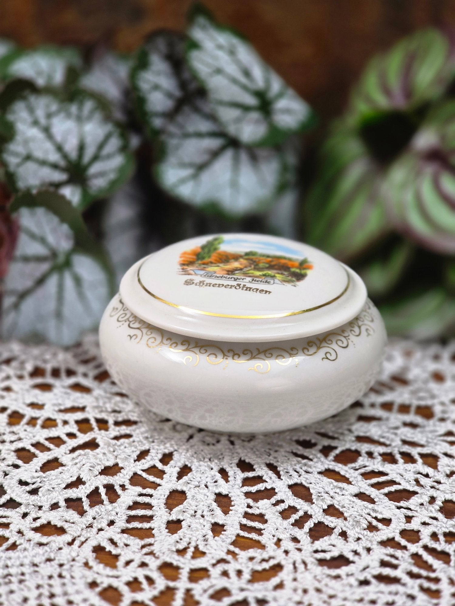 Kleine deutsche Porzellandose von Bareuth mit Lüneburger Heide Schneverdingen Motiv, rund mit Golddekor, 1960er–1970er Jahre, dekorative Schmuckdose.