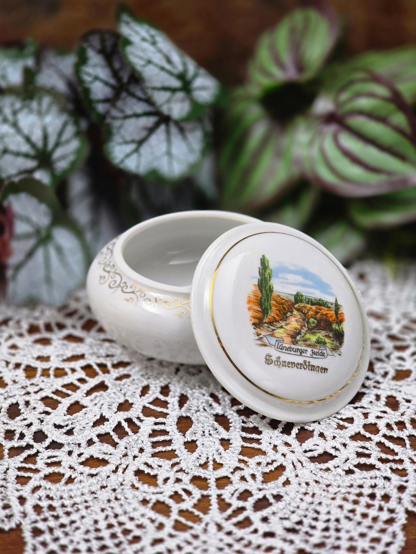 Kleine deutsche Porzellandose von Bareuth mit Lüneburger Heide Schneverdingen Motiv, rund mit Golddekor, 1960er–1970er Jahre, dekorative Schmuckdose.
