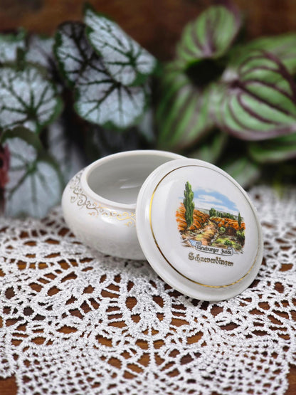Kleine deutsche Porzellandose von Bareuth mit Lüneburger Heide Schneverdingen Motiv, rund mit Golddekor, 1960er–1970er Jahre, dekorative Schmuckdose.