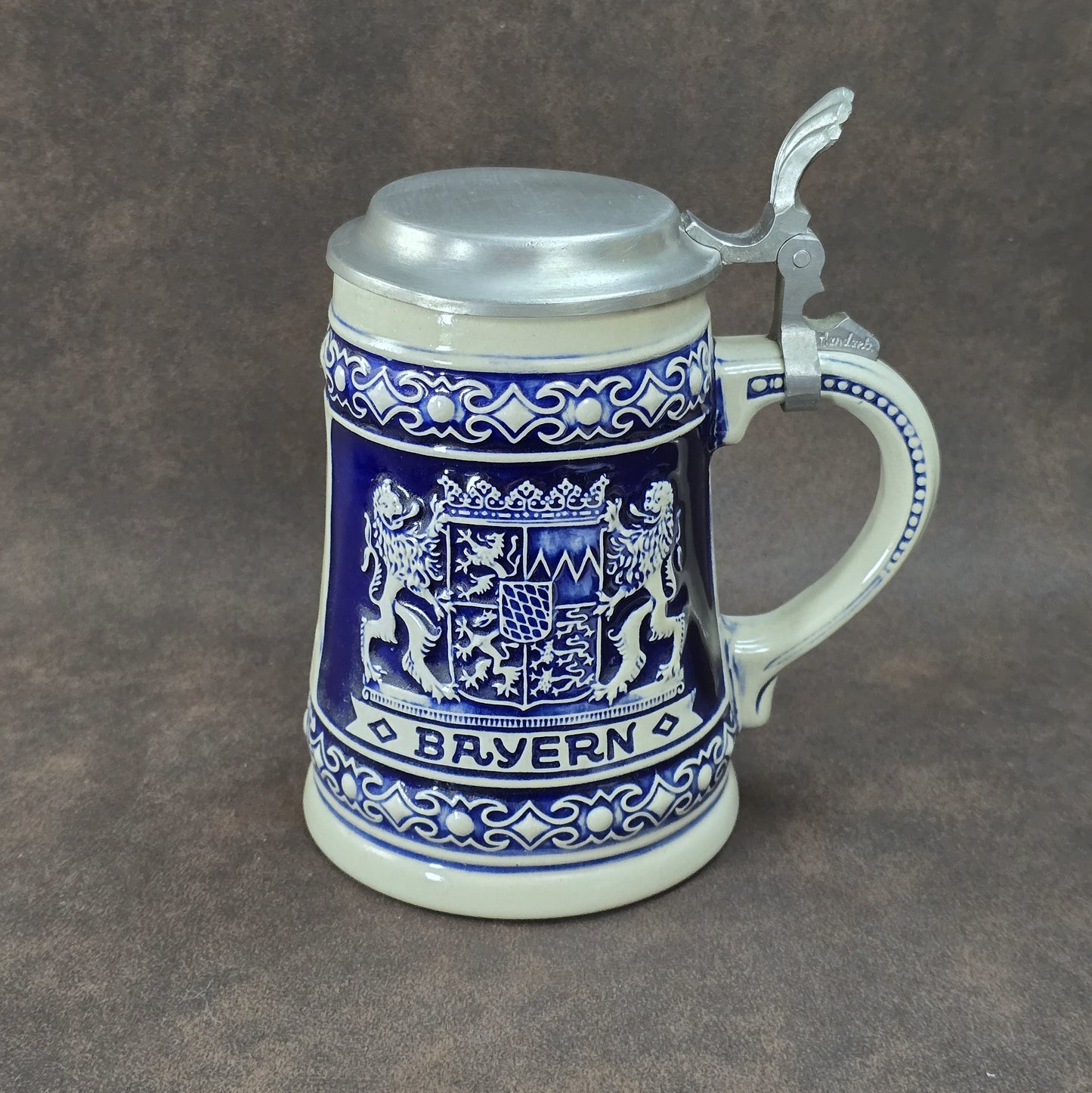 Bayerischer Bierseidel mit Zinndeckel, Steinzeug blau-weiß, GERZ West Germany Vintage 1960er–1970er.