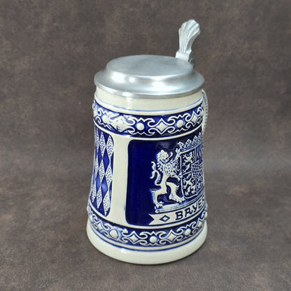 Bayerischer Bierseidel mit Zinndeckel, Steinzeug blau-weiß, GERZ West Germany Vintage 1960er–1970er.