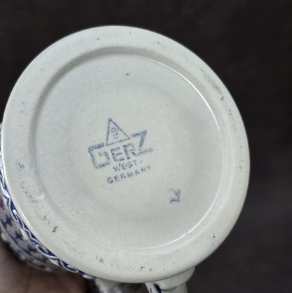 Bayerischer Bierseidel mit Zinndeckel, Steinzeug blau-weiß, GERZ West Germany Vintage 1960er–1970er.