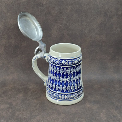 Bayerischer Bierseidel mit Zinndeckel, Steinzeug blau-weiß, GERZ West Germany Vintage 1960er–1970er.