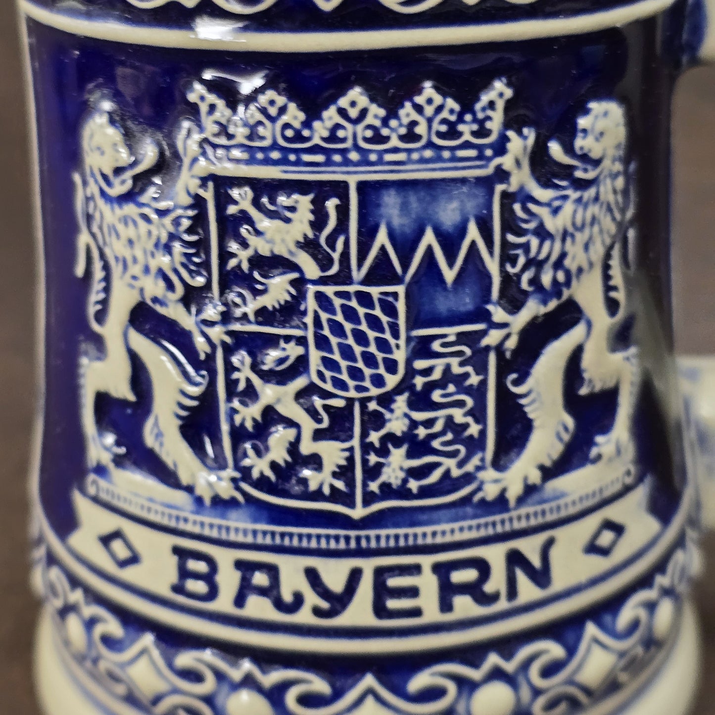 Bayerischer Bierseidel mit Zinndeckel, Steinzeug blau-weiß, GERZ West Germany Vintage 1960er–1970er.