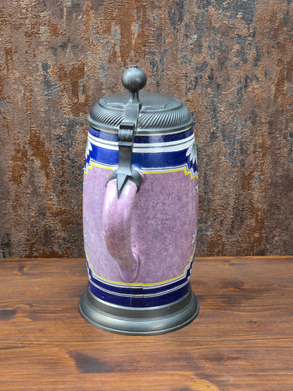 Historischer ALWE Bierkrug von 1989 mit Zinndeckel, 1 Liter Fassungsvermögen, florales Dekor, gefertigt in West Germany für Binding.