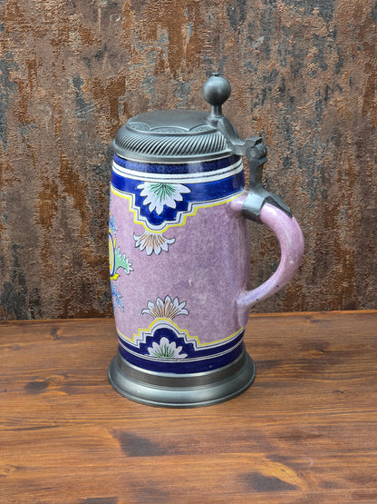 Historischer ALWE Bierkrug von 1989 mit Zinndeckel, 1 Liter Fassungsvermögen, florales Dekor, gefertigt in West Germany für Binding.