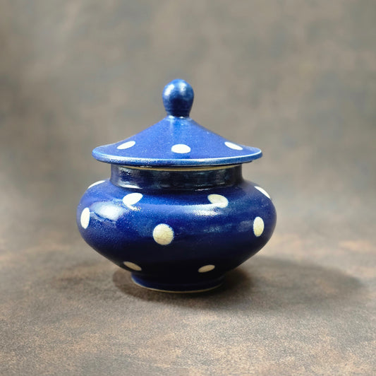 Zuckerdose Bürgel, Töpferei Reichmann, dunkelblaue Keramik mit weißen Punkten, Vintage DDR-Keramik 1960er, Geschenk oder Tischdeko.