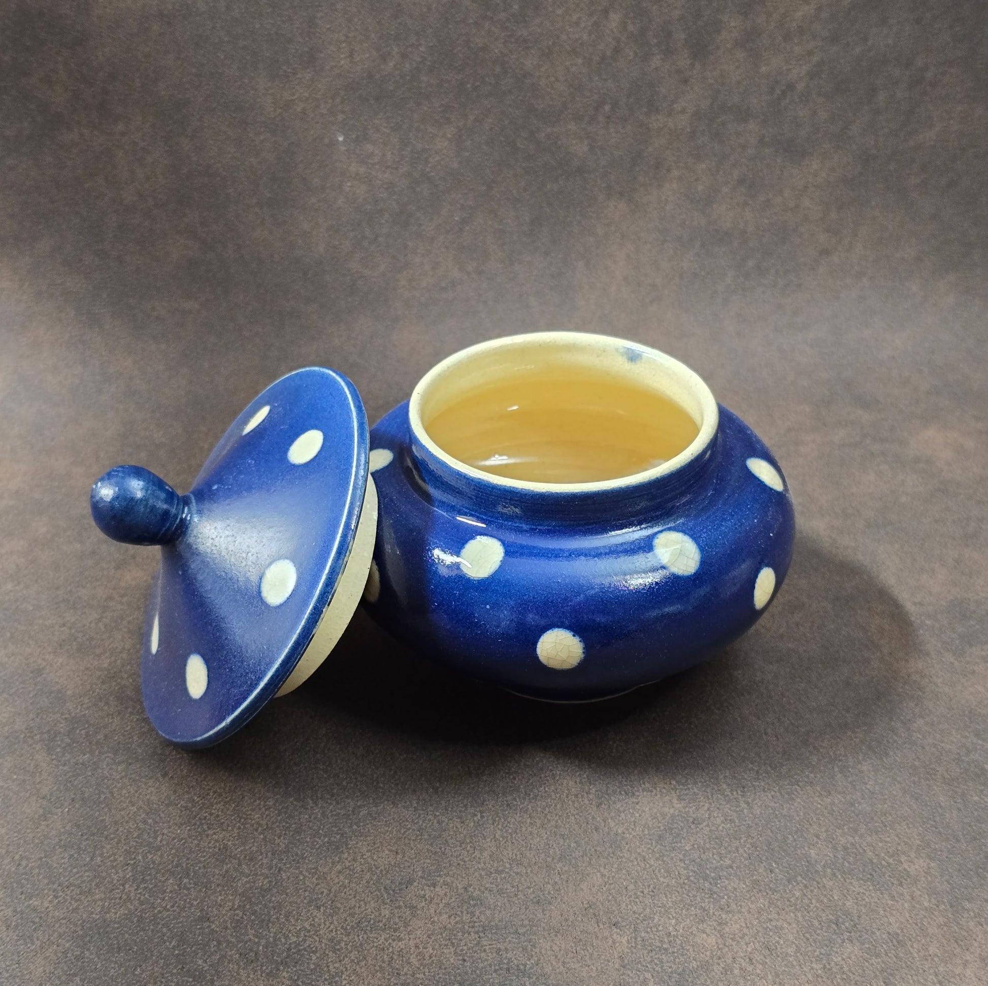 Zuckerdose Bürgel, Töpferei Reichmann, dunkelblaue Keramik mit weißen Punkten, Vintage DDR-Keramik 1960er, Geschenk oder Tischdeko.