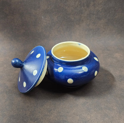 Zuckerdose Bürgel, Töpferei Reichmann, dunkelblaue Keramik mit weißen Punkten, Vintage DDR-Keramik 1960er, Geschenk oder Tischdeko.