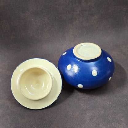 Zuckerdose Bürgel, Töpferei Reichmann, dunkelblaue Keramik mit weißen Punkten, Vintage DDR-Keramik 1960er, Geschenk oder Tischdeko.