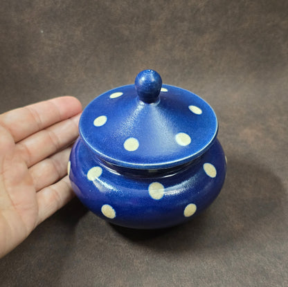 Zuckerdose Bürgel, Töpferei Reichmann, dunkelblaue Keramik mit weißen Punkten, Vintage DDR-Keramik 1960er, Geschenk oder Tischdeko.