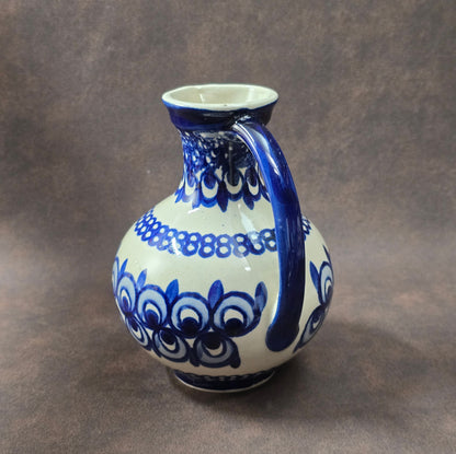 Bunzlauer Henkelvase blau-weiß, DDR 1980er Jahre, 15 cm hoch, sehr guter Zustand, dekorative Vintage-Keramik für Tisch oder Regal.