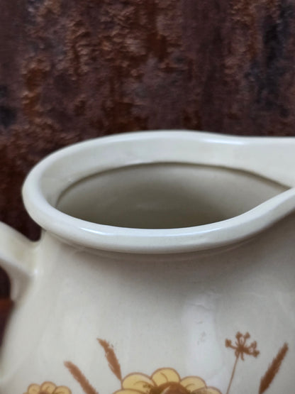 DDR Keramik Milchgießer aus dem Mala Geschirrset von VEB Sintolanwerk Annaburg mit gelbem Blumenmotiv, cremefarbener Glasur und klassischer 1970er Form.