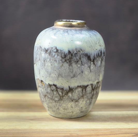 Vintage Fat Lava Vase 12 cm, creme-braune Glasur mit Goldrand, 1970er Jahre deutsche Keramik, dekoratives Sammlerstück.