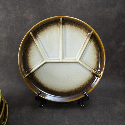 Sechsteiliger GERZ Fondueteller-Satz aus den 1970er Jahren in braun-beiger Glasur, 20 cm, Vintage W. Germany Keramik.