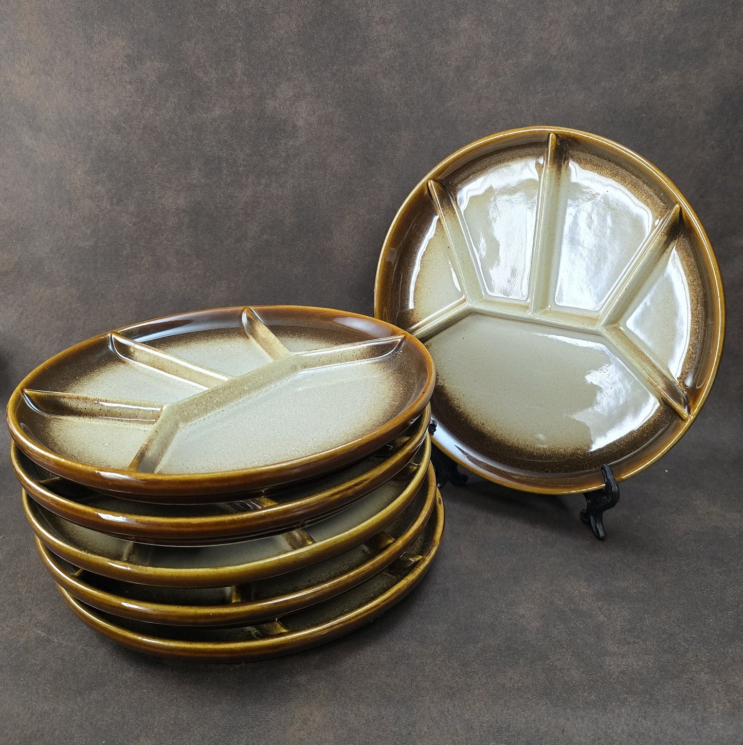 Sechsteiliger GERZ Fondueteller-Satz aus den 1970er Jahren in braun-beiger Glasur, 20 cm, Vintage W. Germany Keramik.