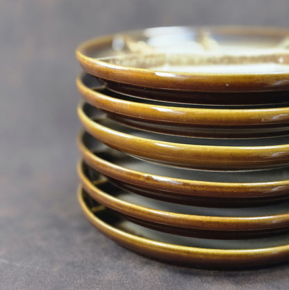 Sechsteiliger GERZ Fondueteller-Satz aus den 1970er Jahren in braun-beiger Glasur, 20 cm, Vintage W. Germany Keramik.