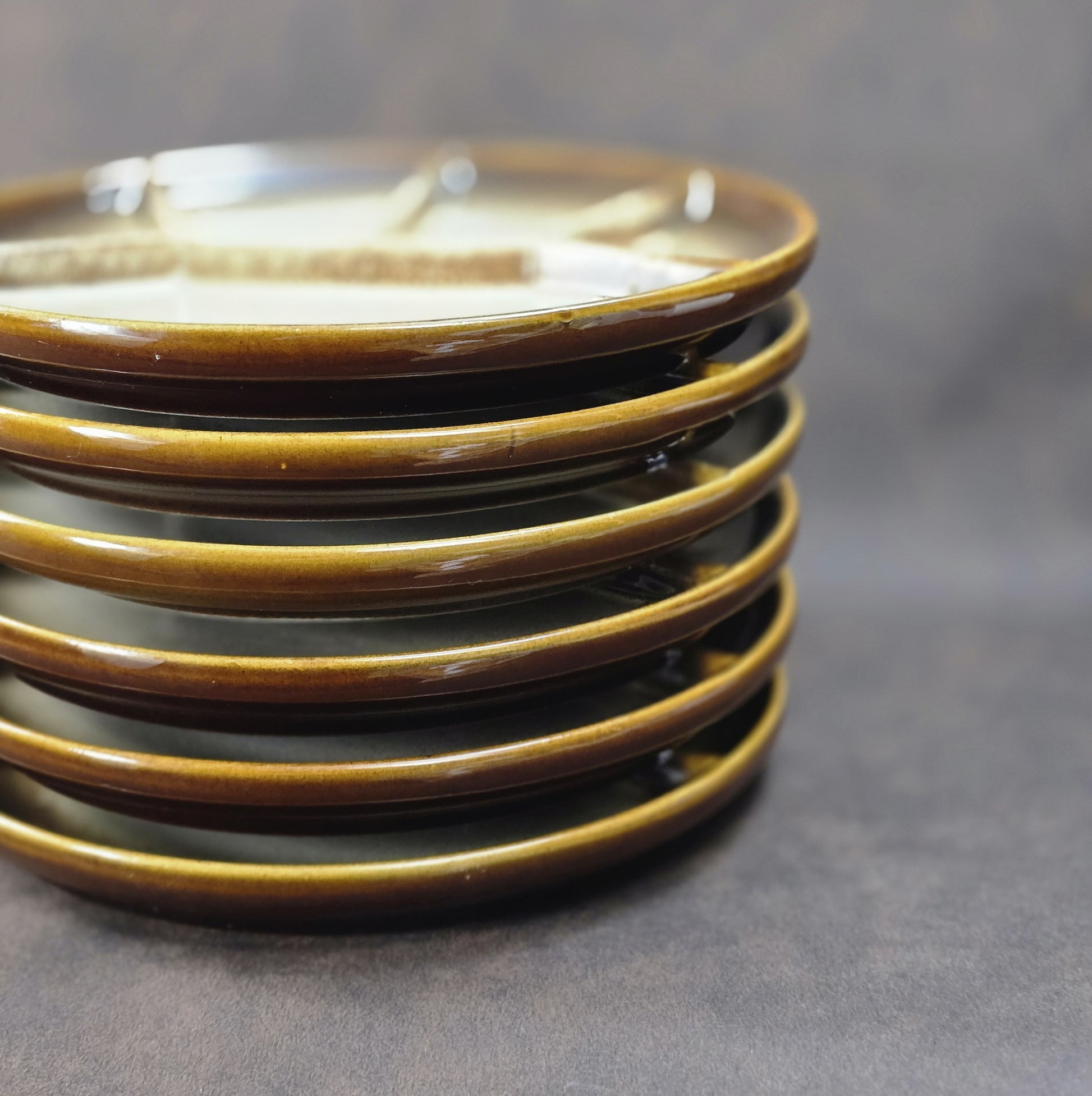 Sechsteiliger GERZ Fondueteller-Satz aus den 1970er Jahren in braun-beiger Glasur, 20 cm, Vintage W. Germany Keramik.