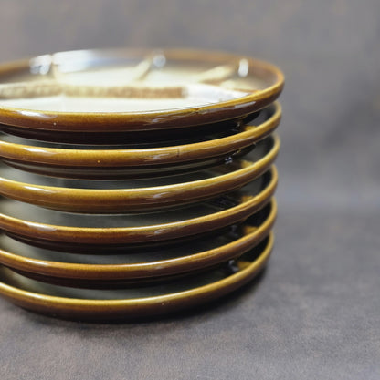 Sechsteiliger GERZ Fondueteller-Satz aus den 1970er Jahren in braun-beiger Glasur, 20 cm, Vintage W. Germany Keramik.