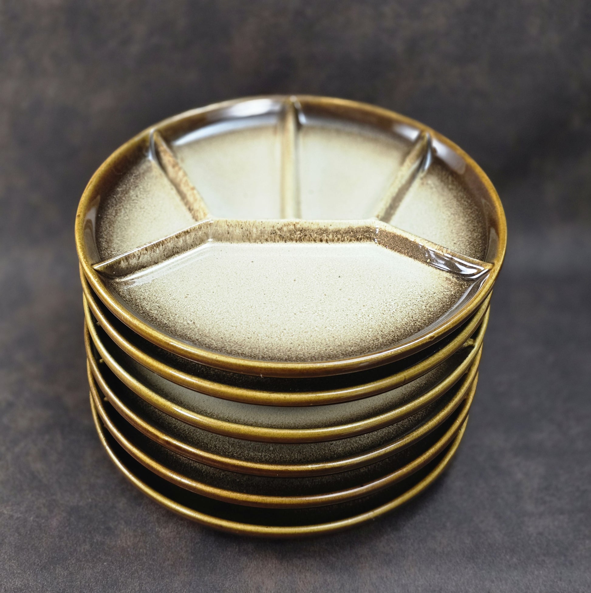 Sechsteiliger GERZ Fondueteller-Satz aus den 1970er Jahren in braun-beiger Glasur, 20 cm, Vintage W. Germany Keramik.