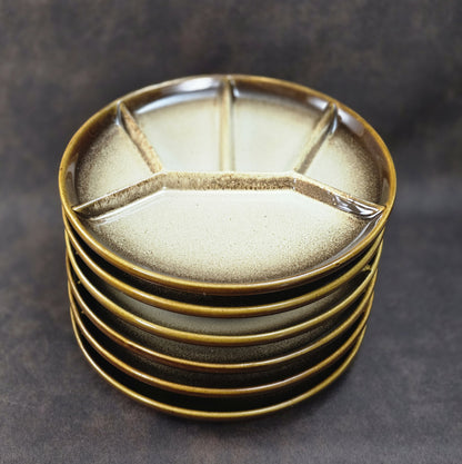 Sechsteiliger GERZ Fondueteller-Satz aus den 1970er Jahren in braun-beiger Glasur, 20 cm, Vintage W. Germany Keramik.