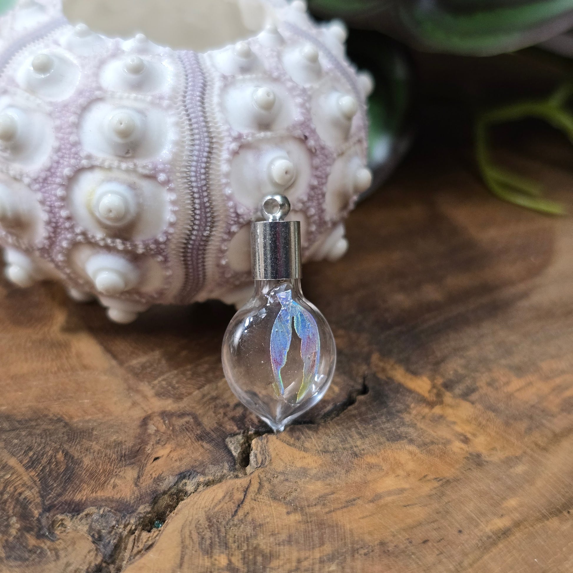 Glasphiole 21 mm im Schwanzflossen-Design, 3-teilig, Glasflasche mit Kappe zum Befüllen – ideal für DIY-Schmuckanhänger oder Bastelarbeiten.