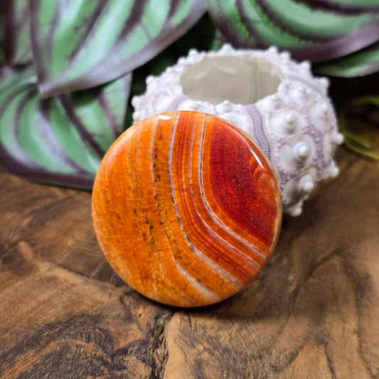 Große runde Centerperle aus orange-rotem Crackle-Achat (Ø 45 mm). Gefärbt & poliert. Ideal für Statement-Schmuck & Mala-Ketten. Jedes Stück ein Unikat!
