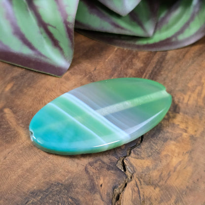 Grüne Achat-Centerperle (50x25 mm), oval, gefärbt & poliert. Ideal für DIY-Schmuck. Unikat – du bekommst genau die abgebildete Perle.