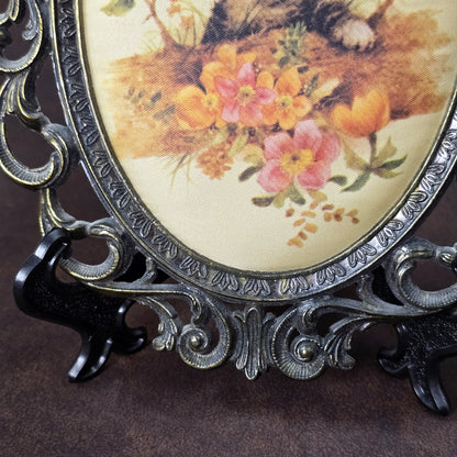Italienisches Vintage-Bild mit Katze und Vogel im Shabby-Chic-Metallrahmen, romantische Wanddeko 1960er.