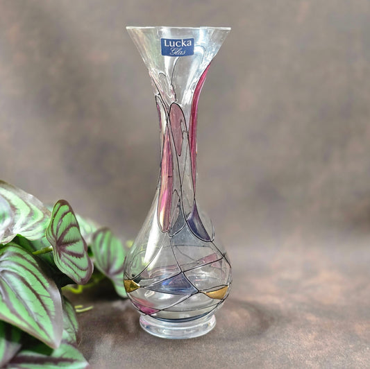 Handbemalte Lucka Glas Vase im Art-Deco-inspirierten DDR-Design. 1970er Original mit Aufkleber – ein Must-have für Vintage-Liebhaber.