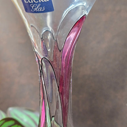 Handbemalte Lucka Glas Vase im Art-Deco-inspirierten DDR-Design. 1970er Original mit Aufkleber – ein Must-have für Vintage-Liebhaber.
