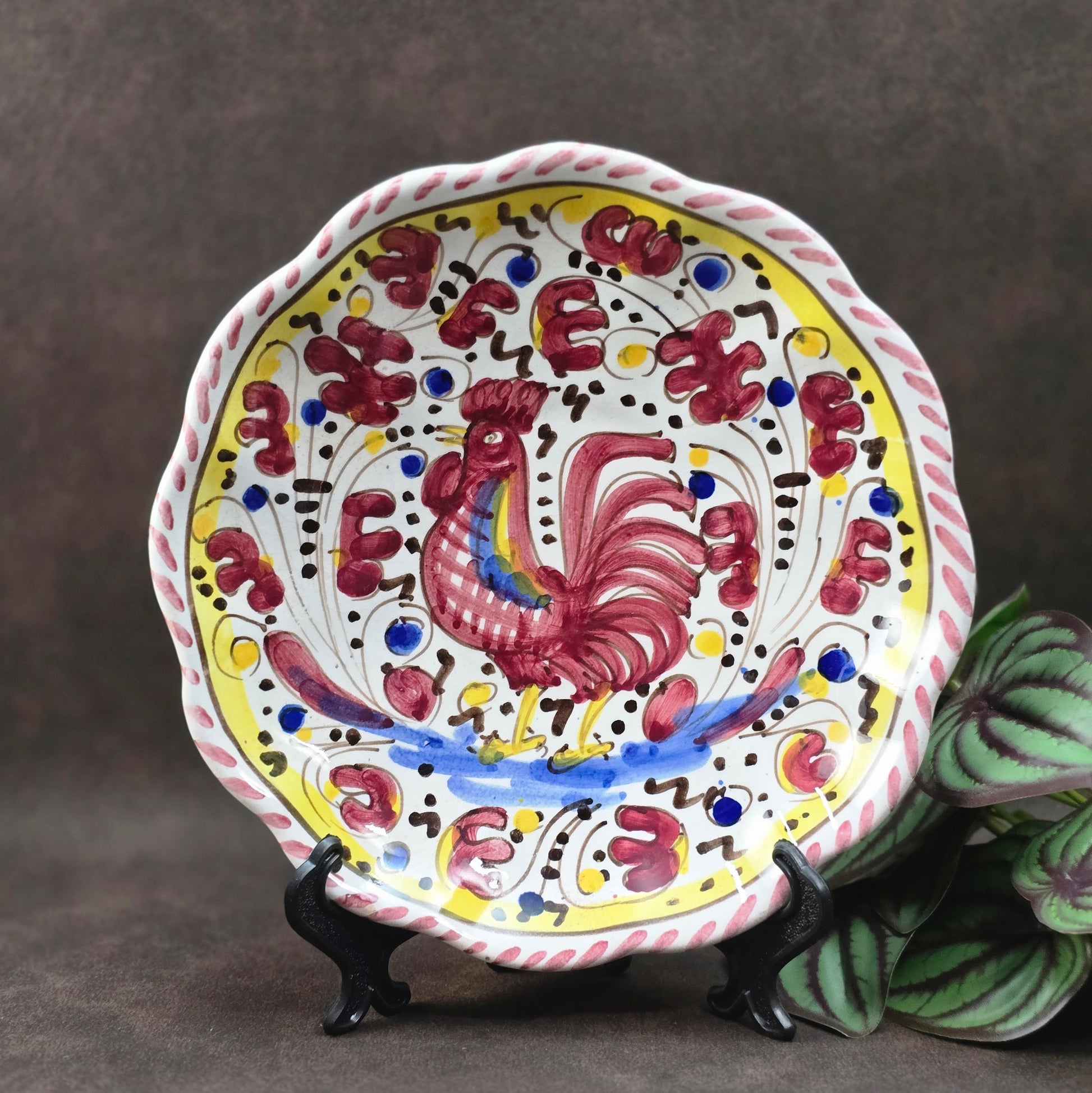 Italienischer Vintage-Wandteller mit rotem Hahn aus Deruta – Handbemalt & in sehr gutem Zustand – mediterranes Flair für dein Zuhause oder als Geschenk!