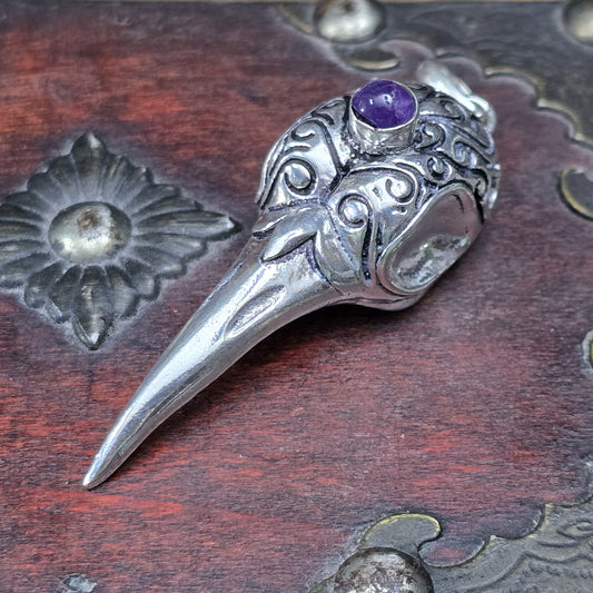 Mystischer Rabenschädel-Anhänger aus .925 Sterling Silber mit Amethyst – Gothic Schmuck, Biker, Rockabilly, Kitsch